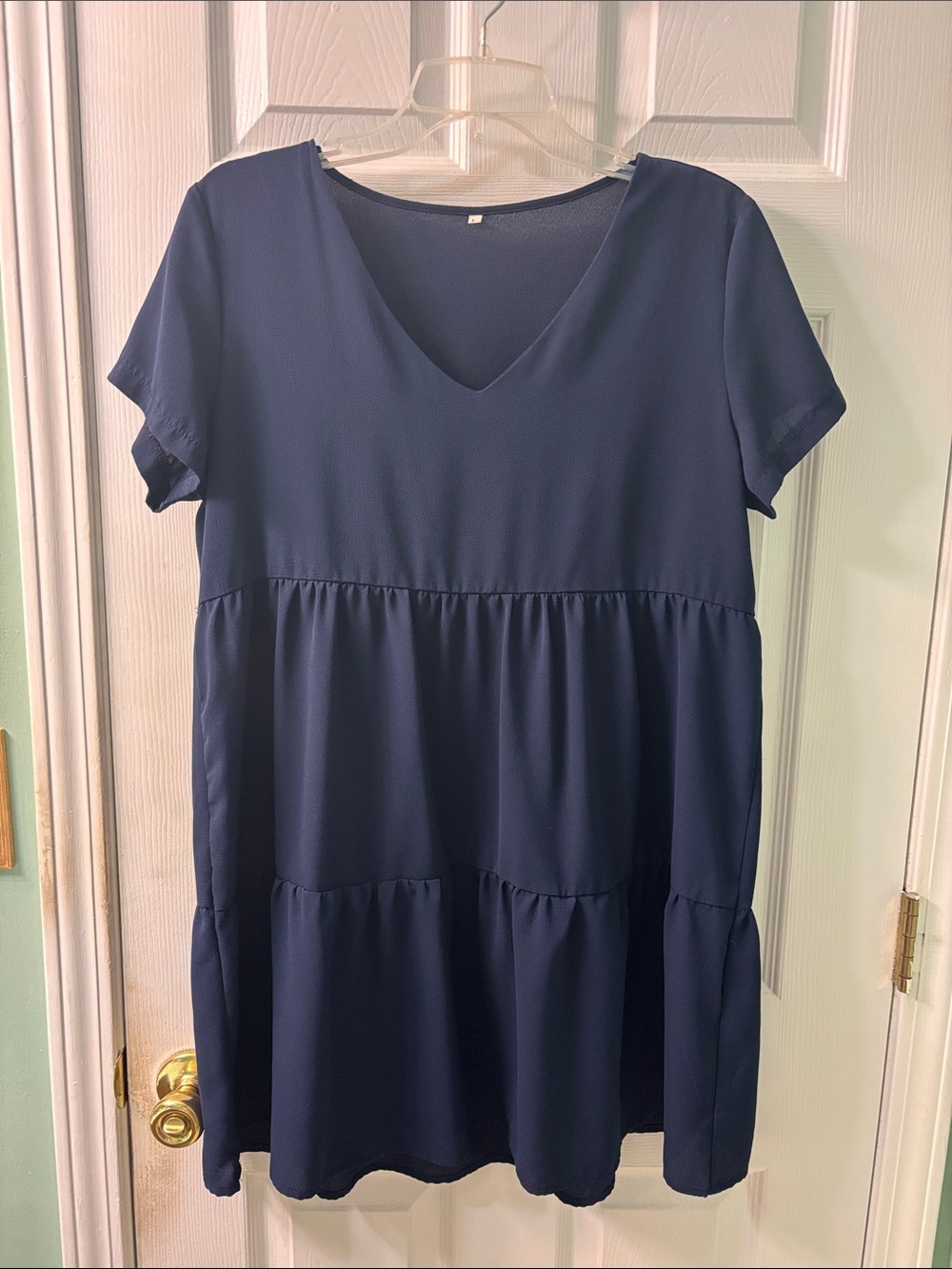 Navy V-Neck Tiered Short Sleeve Dress
